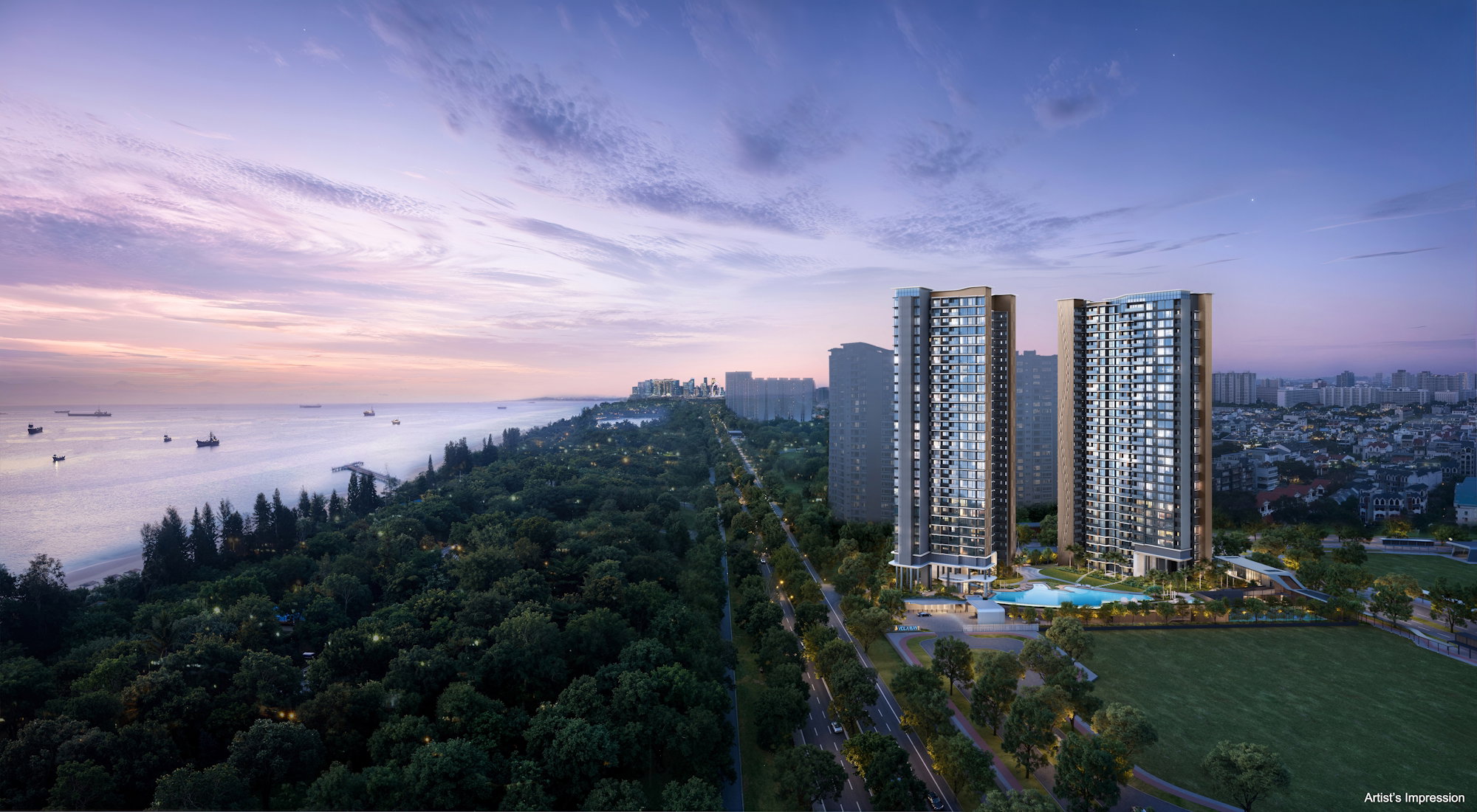 Vela Bay — artist's impression of the twin towers at dusk overlooking the bay